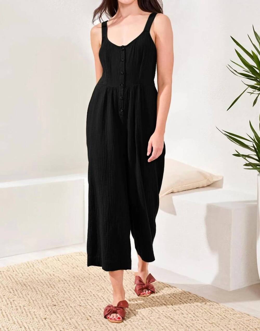 NEW TRIBAL smocked back crinkled gauze jumpsuit in black